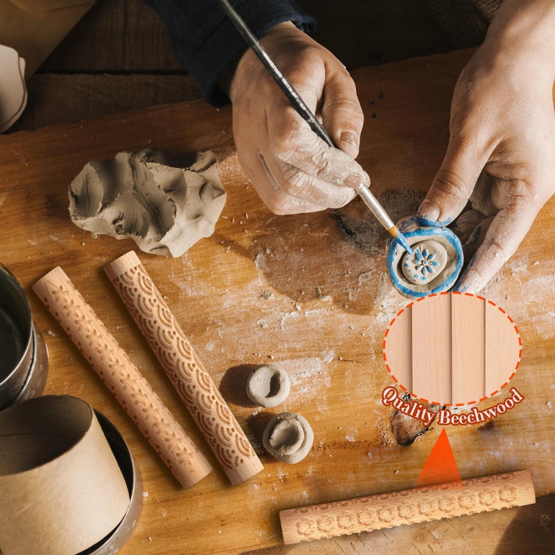 Lzttyee Set of 10 Wooden Handle Pottery Tools Clay Modeling Pattern Rollers Kit Brown (Set of 10) - Image 5